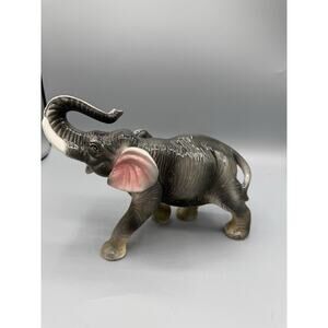 Vintage Ceramic Elephant Figurine Gray Pink Ears Trunk Up 7.5”